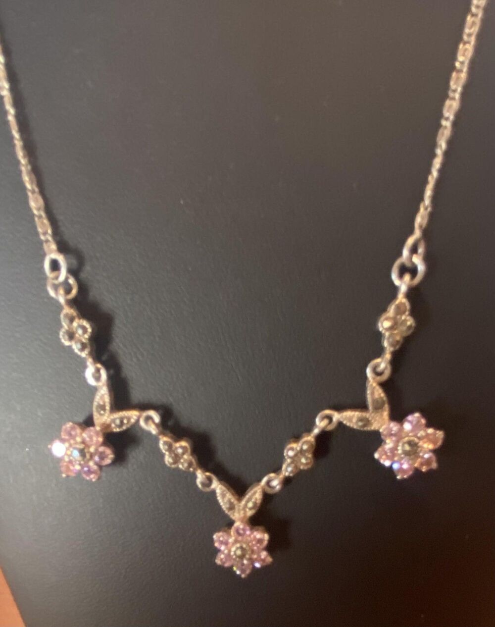 Sterling Silver 925 Pink Rhinestone Flower Station Necklace 16” Women’s